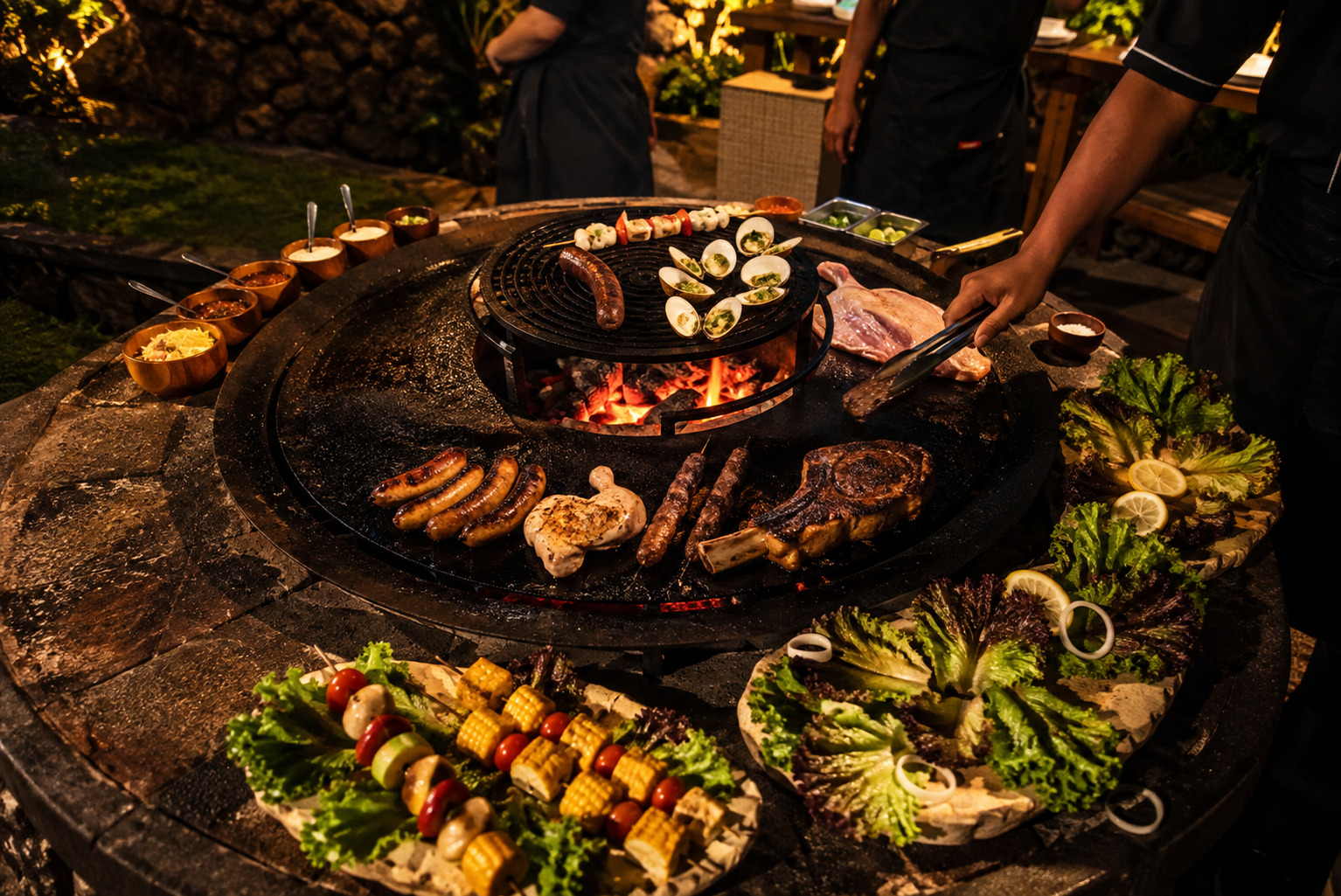The brasero at Orama after dark, meat, sausages and skewers over the open fire