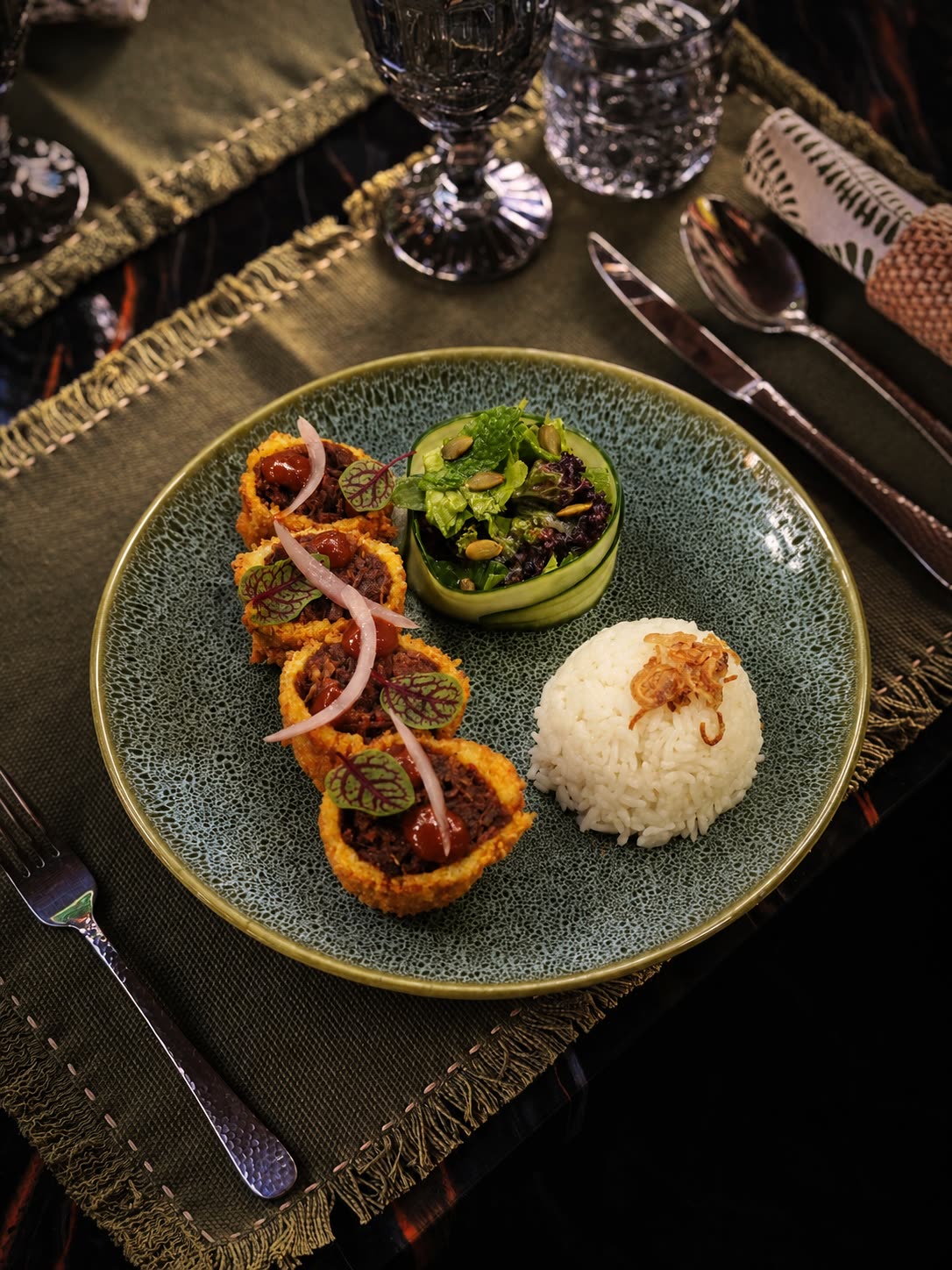 Rendang beef croquettes with sambal gel and rice