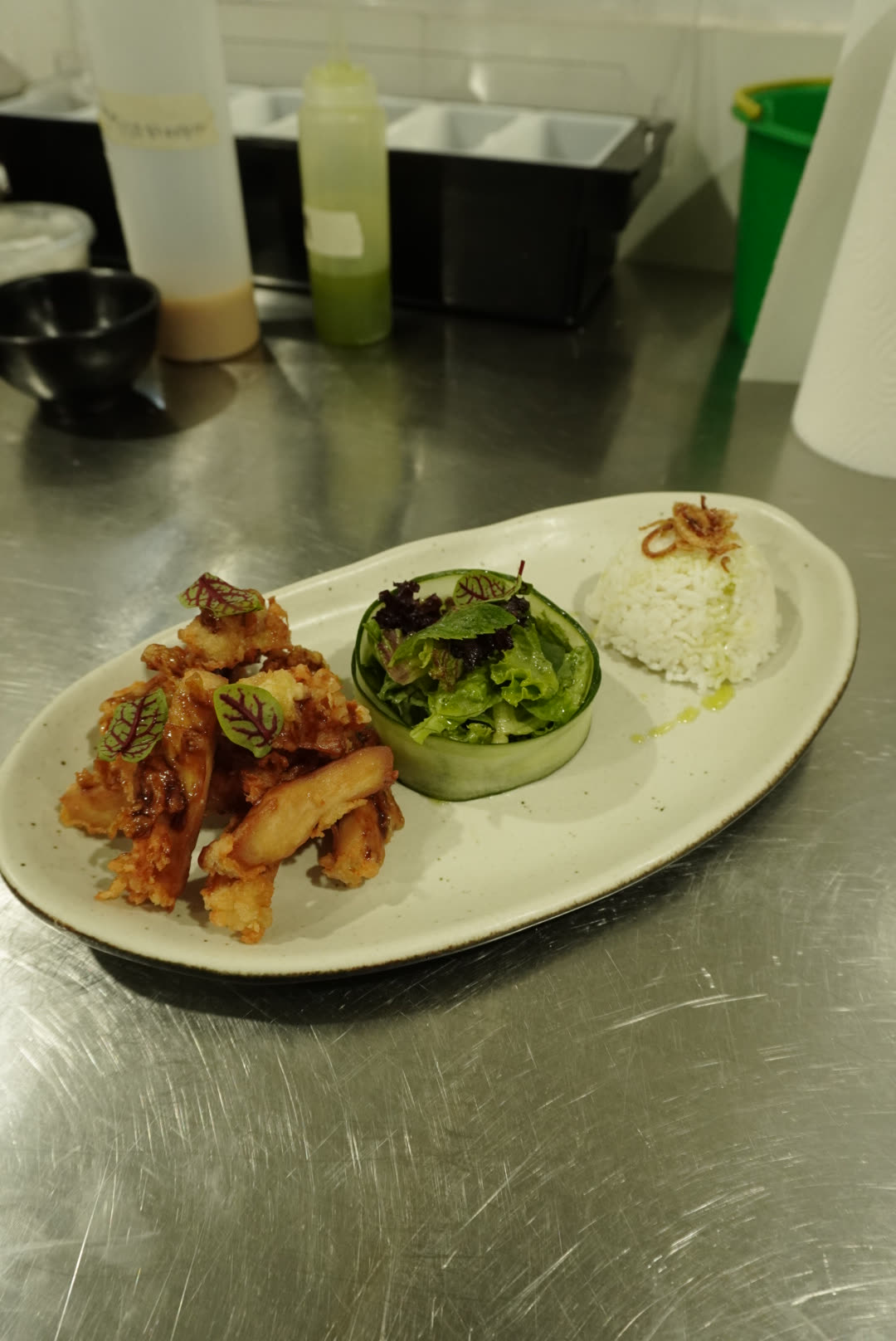 Tamarind karaage with sambal matah and rice